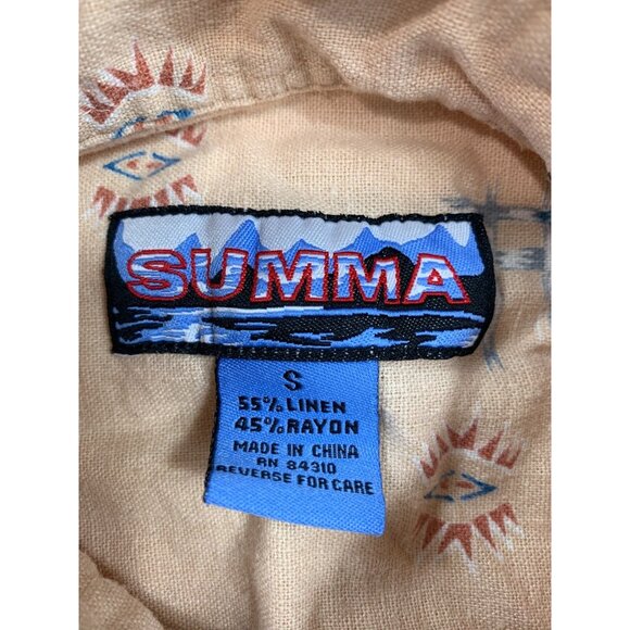 Vintage Summa Shirt Men Small Beige Aztec Print Linen Rayon Button Up Western - Picture 3 of 7